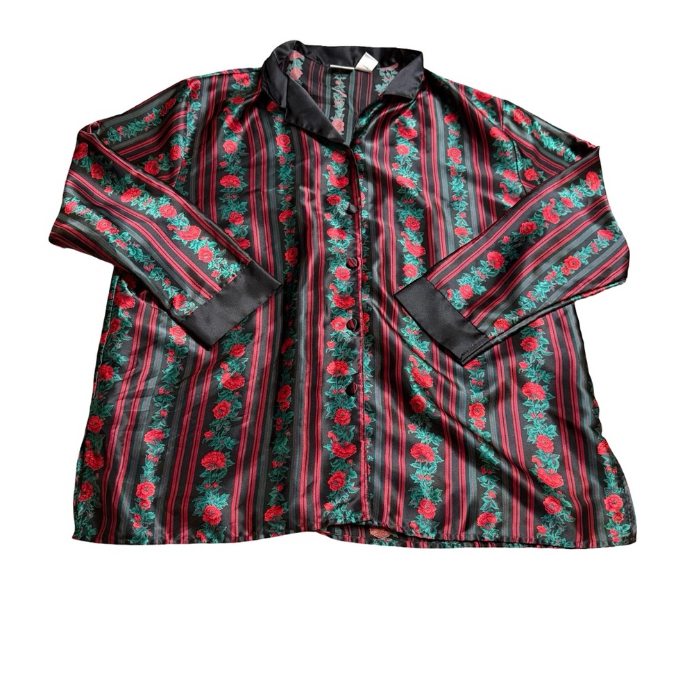 ✨🌹 Delicates Red‎ & Green Rose Stripe Silky Lounge Top XL 🌹✨